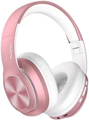 TuneFlux Wireless Bluetooth Headphones Over Ear, 80H Playtime, 3EQ Sound Modes, HiFi Stereo Headphones with Deep Bass, Foldable Bluetooth 5.3 Headsets for Smartphone/PC/Computer-Rose Gold
