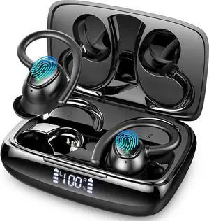 Lrecat Wireless Earbud Sport, Wireless Headphones Bluetooth 5.3 Over Ear IP7 Waterproof, in Ear Earphones Sports with Dual LED Display, Bass Over Ear Bud with Earhook for Workout/Running/Gym, Black