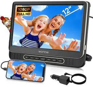 Car DVD Player, WONNIE 12" Portable DVD Player with Headrest Mount, Support 1080P/MP4 Video, HDMI Input/Output, AV Out, AC Adapter, Car Charger, USB Card Reader, Last Memory, All Regions