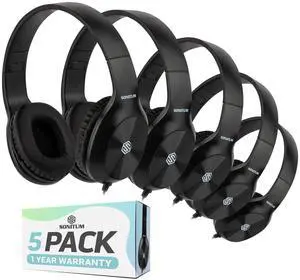 Sonitum Kids Headphones, 5-Pack, On-Ear, 3.5mm Wired, Adjustable, Cushioned, Black