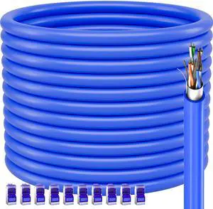 Cat 6 Outdoor Ethernet Cable 200ft (10 RJ45), 23AWG Cat 6 Shielded Ethernet Cable Bulk, Cat6 FTP, Waterproof, UV Resistant, Direct Burial, In-Ground, Internet Network Cables for Router, 200 Foot, Blue