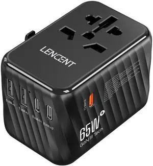 LENCENT International Travel Adapter, 65W GaN3 Universal Fast Charger with 2 USB A + 3 Type C PD, Worldwide Power Adaptor for Phones,Laptops, All in One Travel Essentials for EU/USA/UK/AU, Black