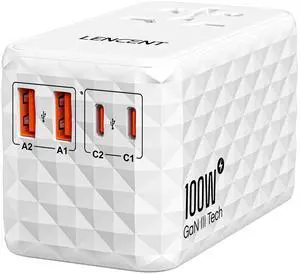 LENCENT 100W International Travel Adapter, Universal Travel Adapter with 2 QC USB-A & 2 PD3.0 Type C Power Adapter, Fast Charging for Phone,Laptops, All-in-One Outlet Adapter for USA/UK/EU/AUS, White