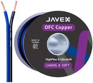 JAVEX 14-Gauge AWG Audio Speaker Wire (50 FT), [OFC Oxygen-Free Copper] HighFlex Thin Flat Cable for Automotive Car Stereo Audio, HI-FI Stereo, Home Theater, Blue/Black