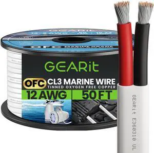 GEARit 12 Gauge Marine Wire, 12/2 AWG (50ft) Marine Grade Tinned Copper Oxygen Free, Duplex 2-Conductor Insulated Red & Black Electrical Cable for Boat, Automotive, RV, Camper, Trailer