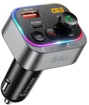 Syncwire Bluetooth 5.4 FM Transmitter Car Adapter 54W (PD 36W & 18W) [Stronger Dual Mics] [Light Switch] [HiFi Bass Sound] [Fast Charging] Wireless Radio Receiver Hands-Free Calling LED Display