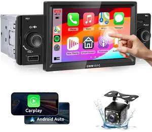 Single Din Radio with AppIe Carplay Android Auto,Podofo 5inch 1280x480 HD Touch Screen Car Stereo Audio Receivers with 5.1 Bluetooth FM Radio Airplay MirrorLink HD Backup Camera USB/TF/AUX-in Ports