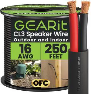 GearIT 16/2 Speaker Wire (250 Feet) 16AWG Gauge - Outdoor Direct Burial in Ground/in Wall / CL3 CL2 Rated / 2 Conductors - OFC Oxygen-Free Copper, Black 250ft
