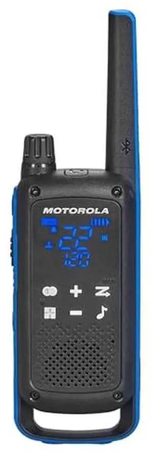 Motorola Solutions, Portable FRS, T802, Talkabout, Two-Way Radios Waterproof IP54 Walkie Talkie Emergency Preparedness, Rechargable, 22 Channel, 35 Mile, Black W/Blue, 2 Pack