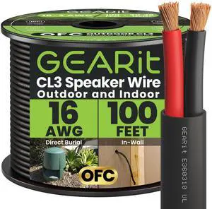 GearIT 16/2 Speaker Wire (100 Feet) 16AWG Gauge - Outdoor Direct Burial in Ground/in Wall / CL3 CL2 Rated / 2 Conductors - OFC Oxygen-Free Copper, Black 100ft