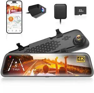 WOLFBOX G840S 12" 4K Mirror Dash Cam Backup Camera, 5.8GHz WiFi Smart Rearview Mirror for Cars & Trucks, Front and Rear View Dual Cameras, Night Vision, Parking Assistance, Included 32GB Card & GPS