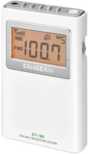 SANGEAN DT-160 AM/FM Stereo Pocket Radio with up to 100 Operating Hours on 2 AA Batteries (White)