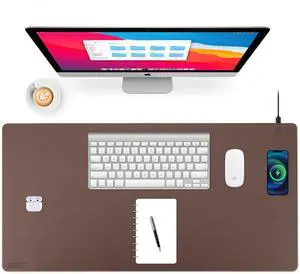 Wireless Charging Desk Mat with Desk Pad for Desktop Charging Large Mouse Pad Waterproof Leather Computer Mat Mouse Pad Non-Slip Protector on Top of Desks for Keyboard and Mouse (brown-r, 32*16inch)