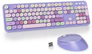 GTSP Typewriter Colorful Purple Keyboard and Mouse Wireless, 2.4GHz Full-Size Retro Cute Office Computer Keyboard with Round Keycaps for Desktop Laptop and PC (Colorful Purple)