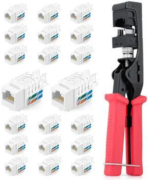 Everest easyJACK - 45° Angled Speed Termination Keystone Tool Set - with 20-Pack of RJ45 Cat6A Keystone Jacks in White (Slim Profile Design) - Time Saver Network Punch Down Tool Cat6A
