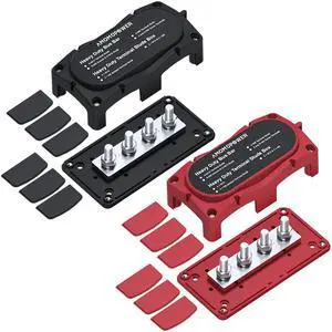 Ambuker 2Pcs 300A Busbar 12-48V DC Heavy Duty Copper Power Distribution Block 4 X M8 (5/16") Terminals Studs 8 Srews with Waterproof Cover Battery Bus Bar for Automotive RV Marine Truck(Black&Red)