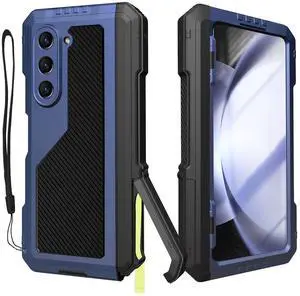 YQODSZ for Samsung Galaxy Z Fold 5 Metal Case with Fold5 S Pen Holder, Rugged Heavy Duty Z Fold 5 Case Screen Protector Kickstand Full-Body Protection Z Fold 5 5g Phone Case Blue