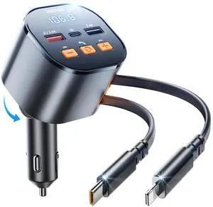 SUPERONE Bluetooth 5.3 Car Adapter with Retractable Charger PD 30W, FM Transmitter Radio Receiver, Handsfree Calling & Audio Receiver, MP3 Music Player, LED Display Hands-Free Calling Support USB