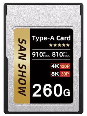 SANSHOWSD CFexpress Type A Memory Card, Up to 910MB/s Read & 810MB/s Write for 4K 8K Recording RAW Video& Photo, Compatible with Sony Alpha&FX Cameras, Supports PCle 3.0 (Gold, 260GB)