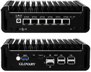 Glovary Firewall Mini PC Quad Core N100, DDR5 8GB RAM 128GB NVMe SSD, 6 x 2.5GbE i226V LAN Fanless Computer Hardware, Micro Router Appliance, AES-NI, OPNsense, TypeC Port, TF Card Slot