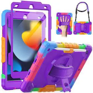 SEYMAC Kids Case for iPad 9th/8th/7th Generation 10.2 Inch with Screen Protector, Rotatable Hand Strap/Stand, Shoulder Strap, Shockproof Heavy Duty Protective Case for iPad 10.2, Colorful Purple
