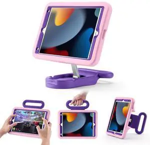 LeiJue Kids Case for iPad 7th/8th/9th Gen 10.2 inch,Adjustable Portrait/Landscape Stand//Drop Proof with Handle/Kickstand,Child Friendly Protective Cover for iPad 10.2 2021/2020/2019 (PinkPurple)