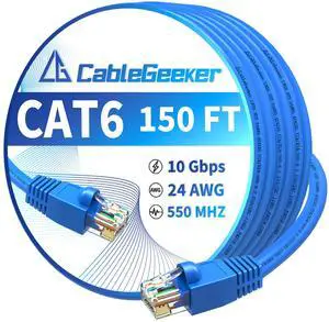 CableGeeker Cat 6 Ethernet Cable 150 ft, High Speed 10Gbps Internet Network Cable, 24AWG Heavy Duty Patch Cord, UTP LAN Internet Patch Cable for Router, Modem, PS5/4, Xbox, Server, Blue
