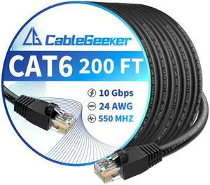 CableGeeker Cat 6 Ethernet Cable 250 ft, High Speed 10Gbps Internet Network Cable, 24AWG Heavy Duty Patch Cord, UTP LAN Internet Patch Cable for Router, Modem, PS5/4, Xbox, Server, Black