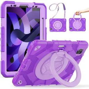 SCSVPN Kids Case for iPad Air 5th/4th Generation 10.9-inch 2022/2020 & iPad Pro 11'' 4th/3rd/2nd/1st Gen 2022 2021 2020 2018 Protection Case with Pencil Holder, Stand, Handle, Shoulder Strap, Purple