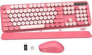 Wireless Keyboard and Mouse Combo - Round Keycaps, Full-Size Retro Typewriter Keyboard with Detachable Wrist Rest, Sleep Mode & Tilt Legs, 2.4GHz Cordless Connection for Mac/Windows/PC (Hot Pink)