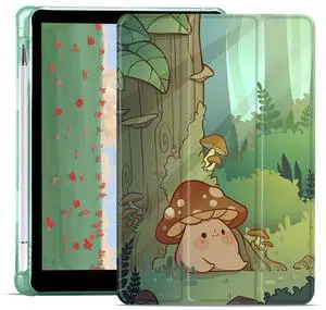 JOYLAND Cute Mushroom Pad Case for iPad 9th/7th/8th Generation 10.2 Inch with Pencil Holder, Auto Wake/Sleep Protective for iPad 2021/2020/2019 Case, Clear TPU Back Trifold Stand Smart Cover