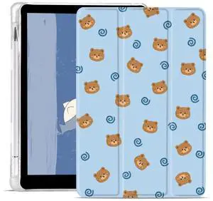 JOYLAND Bear Pad Case for 10.2 Inch iPad 9th/7th/8th Generation with Pencil Holder, Blue Leather for iPad 2021/2020/2019 Case Trifold Stand Cover Full Body Protection, Auto Wake/Sleep