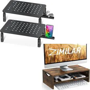 Zimilar 2 Pack Monitor Stand Riser with Phone Holder +2 Tiers Wood Monitor Stand Riser with Storage