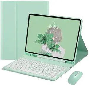 HENGHUI Keyboard Mouse for Galaxy Tab S9 FE+ / Tab S10+ / Tab S9+ / Tab S8+ /S7+/S7 FE 12.4 inch Keyboard Case with Mouse Cute Round Key Detachable BT Color Keyboard Cover (MintGreen)
