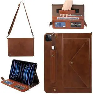 Handbag Case for iPad Pro 11" 2018-2022 / Air 11" 2025 2024 10.9" - Techcircle Folio Stand iPad Crossbody Wallet Case with Pencil Holder, Hand Strap+Shoulder Strap Protective Cover, Coffee