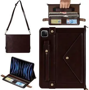 Handbag Case for iPad Pro 11" 2022/2021/2020 & iPad Air 11" M3 M2, Techcircle Folio Stand PU Leather Hand Strap Protective Cover, Crossbody Pencil Holder Card Slots Wallet Case, Dark Brown