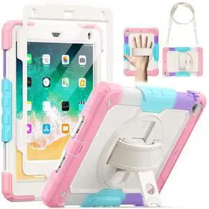 SEYMAC Kids case for iPad 6th/5th Generation Case 9.7", Full-Body Shockproof Heavy Duty Protective Case with Screen Protector, Rotating Stand/Hand/Shoulder Strap for iPad Air 2/Pro 9.7, Colorful Pink