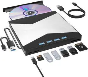 External CD/DVD Drive for Laptop, DVD Player for Laptop, 8 in 1 Ultra-Slim CD Burner with 4 USB Ports and 2 TF/SD Card Slots, External Disk Drive Optical Compatible with Desktop Mac Windows