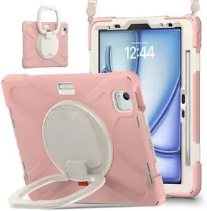 MEEgoodo Case for iPad Air 11 inch 2025(M3)/2024(M2)& iPad Air 5th/4th Generation 10.9 inch 2022 2020 & iPad Pro 11 inch 4th/3rd/2nd/1st Gen (2018-2022) with Pencil Holder & Stand & Strap, Rose Gold