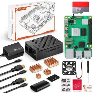 Vemico 8GB Kit for Rasberry Pi 5 Starter Kit with Pi5 8GB Board, 64GB Card Readers Kit,Pi 5 Case, 27W 5.1V5A USB-C Power Supply, 4 Copper Heatsinks, Dual 4K Micro HD Out Cables