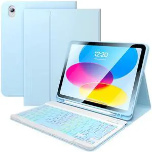FGZZROU for iPad 11th 10th Generation Case with Keyboard, 10.9 Inch 7Color Backlit Detachable Wireless BT Keyboard Folio Protective Case with Pen Holder for New iPad 10th Generation 2022 (Blue)