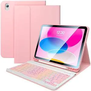 FGZZROU for iPad 11th 10th Generation Case with Keyboard 10.9 Inch 7Color Backlit Detachable Wireless BT Keyboard Folio Protective Case with Pen Holder for New iPad 10th Generation 2022 (Pink)