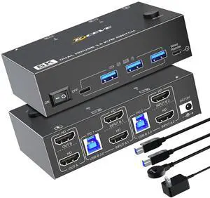 8K HDMI KVM Switch 2 Monitors 2 Computers Dual Monitor Support 8K@60Hz 4K@120Hz, Dual Monitor KVM Switch HDMI 2 Port and 4 USB3.0 Devices,Wired Remote and 12V Power Adapter Included