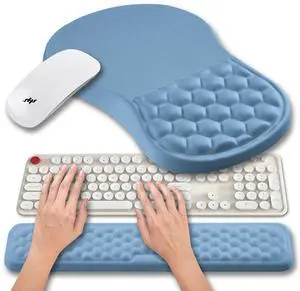 Hokafenle 2 in 1 Ergonomic Mouse Pad Wrist Support & Wrist Rest for Computer Keyboard Set, with Relieve Carpal Tunnel Pain Massage Bulge and Full Memory Gel Design (2In1 Set, Lake Blue)