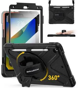 BRAECN Case for ipad 9th/8th/7th Generation 10.2'' Heavy Duty Screen Protector 360° Rotating Stand Handle Pencil Holder Shockproof Drop Protection Shoulder/Hand Strap Durable Kids-Friendly