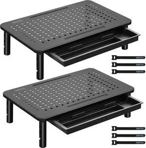BONTEC 2 Pack Adjustable Monitor Stand Riser with Drawer, Ergonomic Mesh Platform for Laptop, PC, iMac, Printer, Supports up to 44 lbs/20kg with Cable Management Included