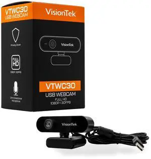 VisionTek VTWC30 Premium Full HD (1080P 30FPS) Webcam, for Windows, Mac, Linux, & Chromebook with Digital Dual Microphones, Manual Focus Lens, Privacy Cover, 83-Degree Viewing Angle