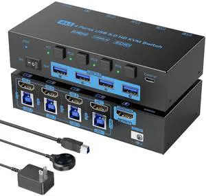 8K HDMI KVM Switch 4 Computers Sharing 1 Monitor, ANXQQ EDID Function KVM Switch HDMI 4 Port 8K@60Hz 4K144Hz for 4 USB Devices, Keyboard Mouse Switch with 4 USB Cables, Wired Control and Power Supply