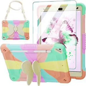 for iPad 9th Generation Case 10.2 inch for Kids Girls with Screen Protector, Butterfly Kickstand, Shoulder Strap, Pencil Holder Cute Rugged Cover for iPad 9th 8th 7th Gen 2021 2020 2019, Rose Gold