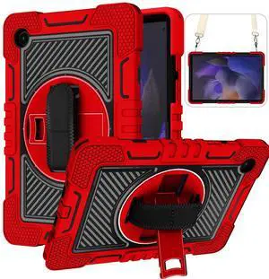 Dteck for Samsung Galaxy Tab A8 (SM-X200) Tablet Case 10.5" 2022 Release, Shockproof Hard Case for Kids with Rotate Kickstand and Hand Strap, Protective Rugged Cover with Shoulder Strap, Red Black